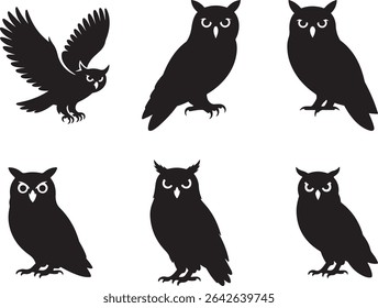 Black Perched Owl Silhouette Set Various Poses
