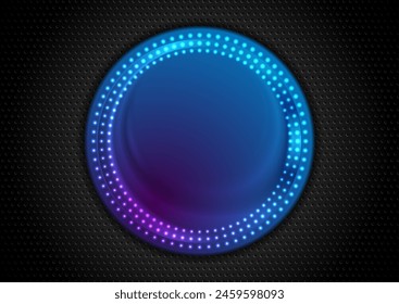 Black perforated background with blue purple glowing neon circle frame. Technology vector futuristic design