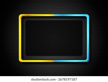 Schwarzer perforierter Hintergrund mit blaugelbem, glänzendem Rechteckrahmen. Geometrisches technisches Vektordesign