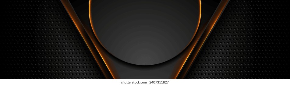 Black perforated banner with orange glowing triangles and circle. Technology vector banner design