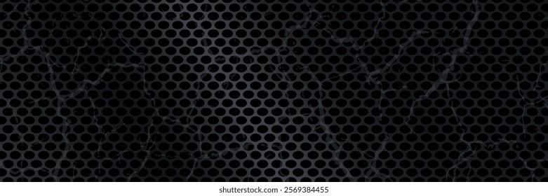 Black perforated metal plate. Metal grill. Black metal texture steel background. Perforated sheet metal.Abstract dark gray circle mesh pattern background texture.Black metallic