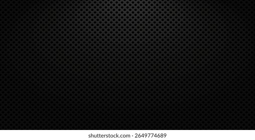 Black perforated metal texture background with round holes and light gradient