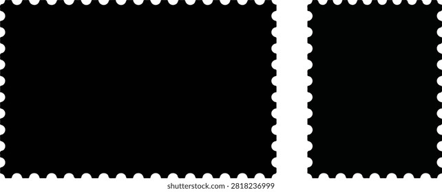 Black perforated postage stamp silhouettes in landscape and portrait orientation for mail design, philately artwork, and graphic illustrationBlack perforated postage stamp silhouettes in landscape and portrait orientation for mail design, philately artwork, and graphic illustration