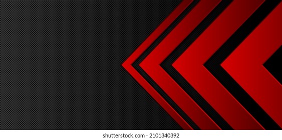 Black perforated steel sheet background. Red 3D arrowhead. Design texture elements for banner, template, card, cover, poster, backdrop, wall. Vector illustration.