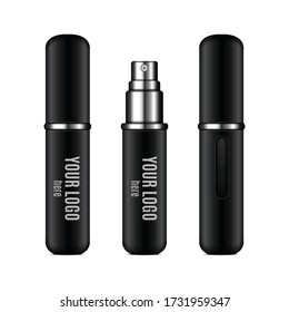 Black perfume atomizer mock up. Vector realistic compact spray case for fragrance with place for your logo. Closed and open packaging for your design