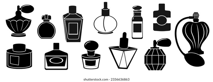 Black perfume bottles. Abstract elegant male cologne bottles, luxury female fragrance sprayer. Vector cologne set of silhouette black perfume bottle illustration svg