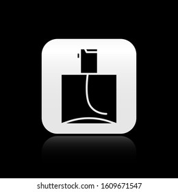 Black Perfume icon isolated on black background. Silver square button. Vector Illustration