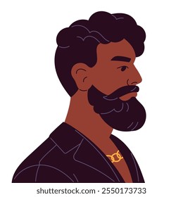 Avatar de pessoa negra com forma quadrada. Homem adulto com barba moderna em estilo ducktail vista lateral para o perfil do usuário. Retrato de rosto masculino sério com bigode. Ilustração de vetor isolado plano