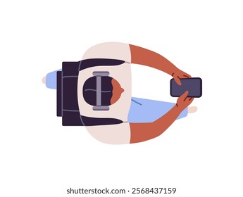 Black person with backpack using smartphone on the go top view. Seen overhead man walks with phone in hands, listen to music with headphones. Flat isolated vector illustration on white background