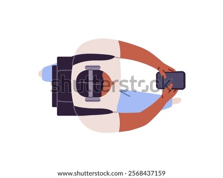 Black person with backpack using smartphone on the go top view. Seen overhead man walks with phone in hands, listen to music with headphones. Flat isolated vector illustration on white background