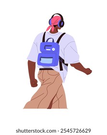 A pessoa negra em bandana ouve música com fone de ouvido na retrospectiva. Homem afro-americano com fones de ouvido, carrega mochila. Ilustração de vetor isolado plano sobre fundo branco