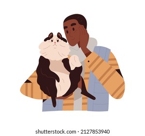 Black Person Charmed With Cute Funny Cat. Pet Owner Holding Adorable Kitty. Happy Man With Amusing Shaggy Fluffy Feline Animal In Hand. Flat Vector Illustration Isolated On White Background