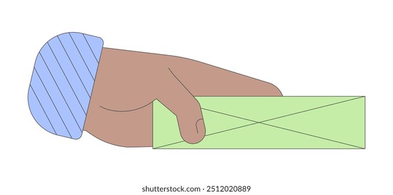 Black person hand giving closed envelope cartoon illustration. Holding private paper message. Mail delivery service linear 2D vector image, white background. Editable colorful flat clipart