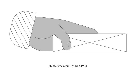 Mão de pessoa negra dando ilustração de contorno de envelope fechado. Segurando mensagem em papel particular. Serviço de entrega de correio isolado 2D imagem vetorial preto e branco. clip-art de desenho monocromático