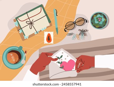 Black person hands holding paper sheet with handwritten text. Concept of sending letter to your future self or written message to yourself through postal service. Flat  colorful vector illustration.