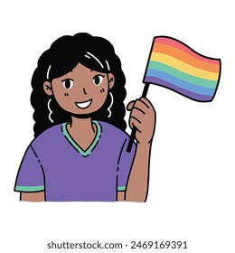 Eine schwarze Person mit Pride-Regenbogen-Flagge, die den Pride-Monat feiert