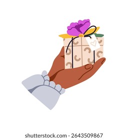 Black person holds little gift box in hands, gets congratulations. Character exchanges cute Christmas surprises, gives wrapped birthday present. Flat isolated vector illustration on white background