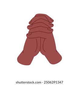 Black person holds palms in pray gesture. Icon of intertwined fingers. Fists are clenched into lock. Hands grip in confident sign. Nonverbal communication. Flat isolated vector illustration on white