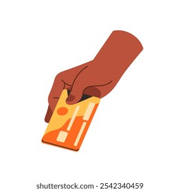 Black person pays with electronic money by cashless payment. Human hand hold plastic credit or debit card. Digital banking and financial literacy. Flat isolated vector illustration on white background