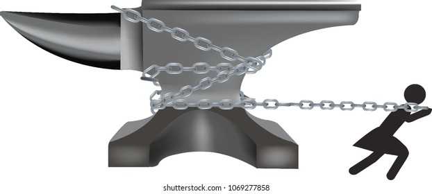 black person pulls with chains an anvil of steel