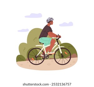 Pessoa negra no ciclismo capacete de segurança. O ciclista tem uma vista lateral de bicicleta. Treinamento de ciclista feliz no parque. Jovem motoqueiro anda de bicicleta. Ilustração de vetor isolado plano sobre fundo branco