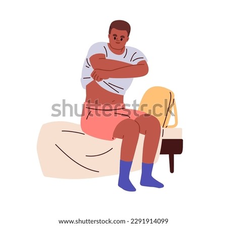 Black person undressing, taking off clothes, t-shirt. Young man unclothing, putting off tshirt with hands, sitting on bed at home in evening. Flat vector illustration isolated on white background