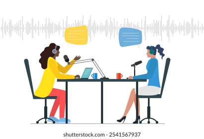 Black person and white woman recording audio discussion in online radio broadcast studio. Female guest interview with microphones on podcast. Live streaming channel podcasting and broadcasting show