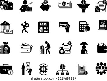 Black Personal Finance Icon Set. Vector Illustrations Budget, Investments, Expenses, Income, Tax, Credit, Wallet, Piggy Bank, Mortgage, Cash, Debt, Pension, Salary, and Others