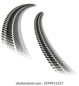 Black perspective halftone tire track silhouettes isolated on white background