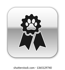 Black Pet award symbol icon isolated on white background. Badge with dog or cat paw print and ribbons. Medal for animal. Silver square button. Vector Illustration