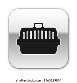 Black Pet carry case icon isolated on white background. Carrier for animals, dog and cat. Container for animals. Animal transport box. Silver square button. Vector Illustration