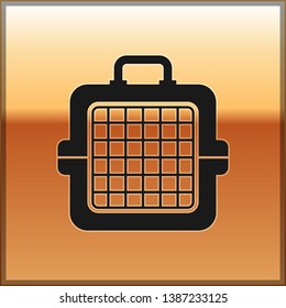 Black Pet carry case icon isolated on gold background. Carrier for animals, dog and cat. Container for animals. Animal transport box. Vector Illustration