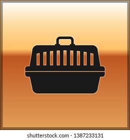 Black Pet carry case icon isolated on gold background. Carrier for animals, dog and cat. Container for animals. Animal transport box. Vector Illustration