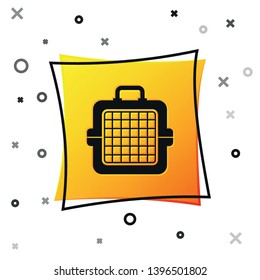 Black Pet carry case icon isolated on white background. Carrier for animals, dog and cat. Container for animals. Animal transport box. Yellow square button. Vector Illustration