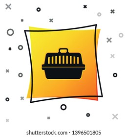 Black Pet carry case icon isolated on white background. Carrier for animals, dog and cat. Container for animals. Animal transport box. Yellow square button. Vector Illustration