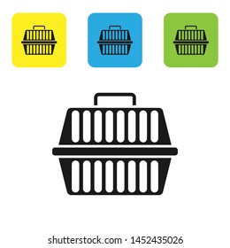 Black Pet carry case icon isolated on white background. Carrier for animals, dog and cat. Container for animals. Animal transport box. Set icons colorful square buttons. Vector Illustration