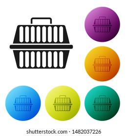 Black Pet carry case icon isolated on white background. Carrier for animals, dog and cat. Container for animals. Animal transport box. Set icons colorful circle buttons. Vector Illustration