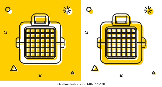 Black Pet carry case icon isolated on yellow and white background. Carrier for animals, dog and cat. Container for animals. Animal transport box. Random dynamic shapes. Vector Illustration