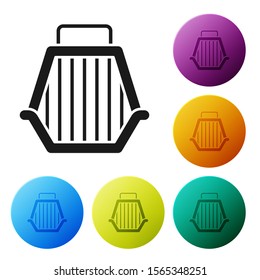 Black Pet carry case icon isolated on white background. Carrier for animals, dog and cat. Container for animals. Animal transport box. Set icons colorful circle buttons. Vector Illustration