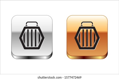 Black Pet carry case icon isolated on white background. Carrier for animals, dog and cat. Container for animals. Animal transport box. Silver-gold square button. Vector Illustration