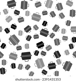 Black Pet carry case icon isolated seamless pattern on white background. Carrier for animals, dog and cat. Container for animals. Animal transport box.  Vector