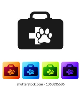 Black Pet first aid kit icon isolated on white background. Dog or cat paw print. Clinic box. Set icon in color square buttons. Vector Illustration