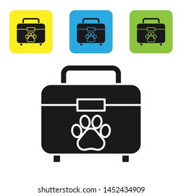 Black Pet first aid kit icon isolated on white background. Dog or cat paw print. Clinic box. Set icons colorful square buttons. Vector Illustration