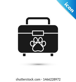 Black Pet first aid kit icon isolated on white background. Dog or cat paw print. Clinic box.  Vector Illustration