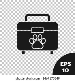 Black Pet first aid kit icon isolated on transparent background. Dog or cat paw print. Clinic box.  Vector Illustration