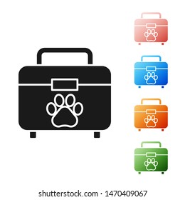 Black Pet first aid kit icon isolated on white background. Dog or cat paw print. Clinic box. Set icons colorful. Vector Illustration