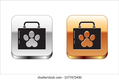 Black Pet first aid kit icon isolated on white background. Dog or cat paw print. Clinic box. Silver-gold square button. Vector Illustration