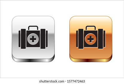 Black Pet first aid kit icon isolated on white background. Dog or cat paw print. Clinic box. Silver-gold square button. Vector Illustration