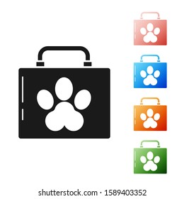 Black Pet first aid kit icon isolated on white background. Dog or cat paw print. Clinic box. Set icons colorful. Vector Illustration