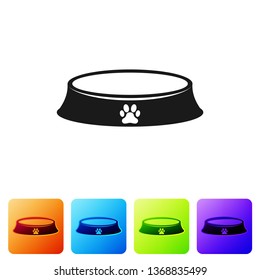 Black Pet food bowl for cat or dog icon isolated on white background. Dog or cat paw print. Set icon in color square buttons. Vector Illustration